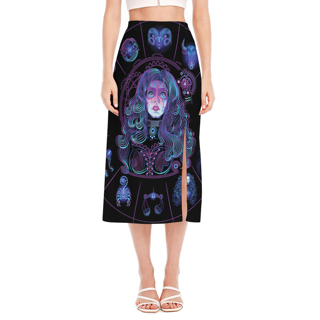 Aquarius And Astrological Signs Print Side Slit Midi Skirt