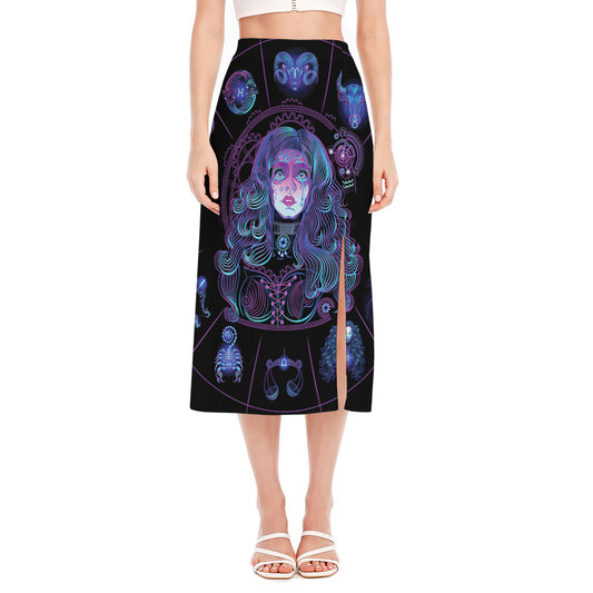 Aquarius And Astrological Signs Print Side Slit Midi Skirt