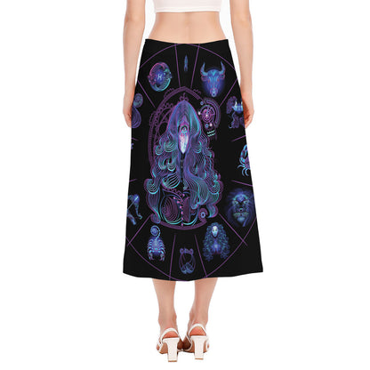 Aquarius And Astrological Signs Print Side Slit Midi Skirt