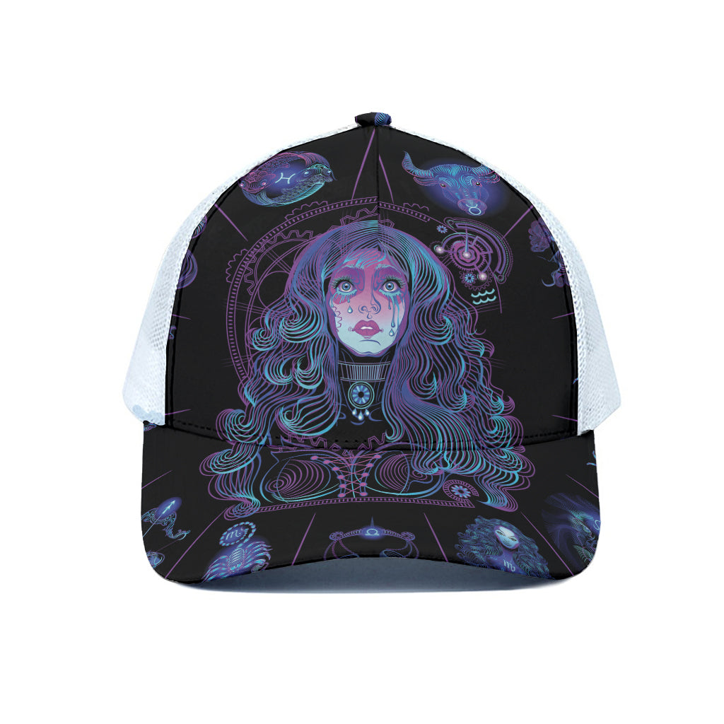 Aquarius And Astrological Signs Print White Mesh Trucker Cap