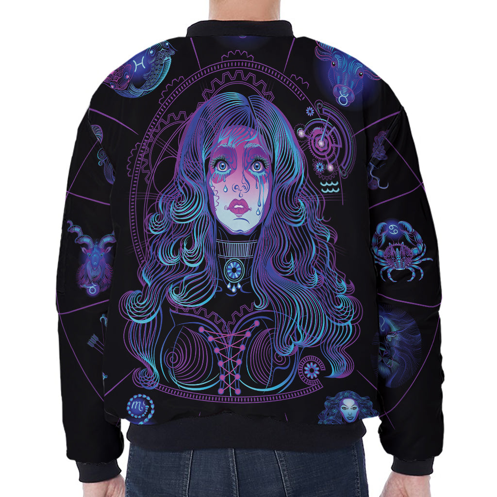 Aquarius And Astrological Signs Print Zip Sleeve Bomber Jacket