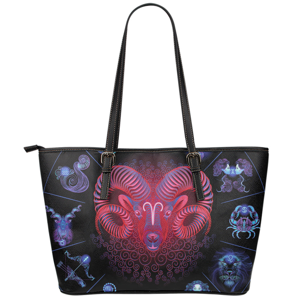 Aries And Astrological Signs Print Leather Tote Bag