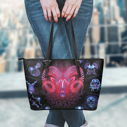 Aries And Astrological Signs Print Leather Tote Bag