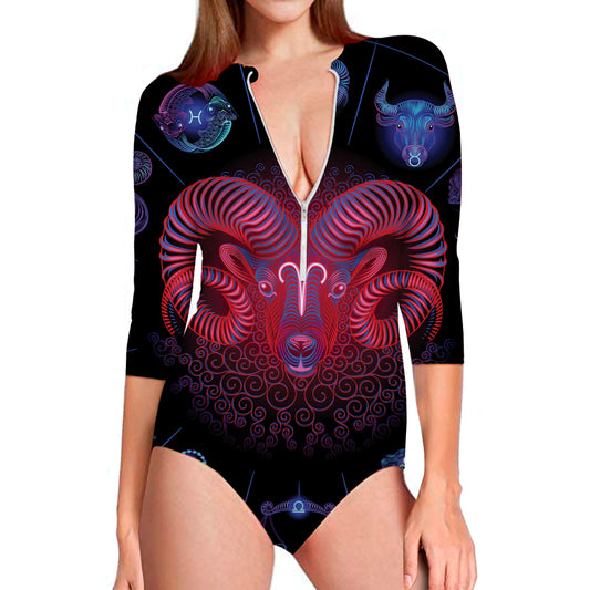 Aries And Astrological Signs Print Long Sleeve Swimsuit