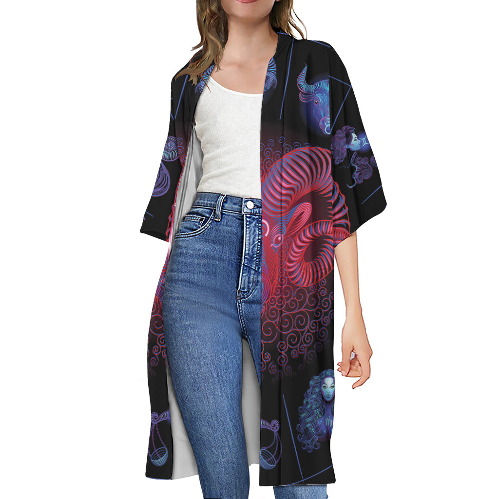 Aries And Astrological Signs Print Open Front Beach Cover Up