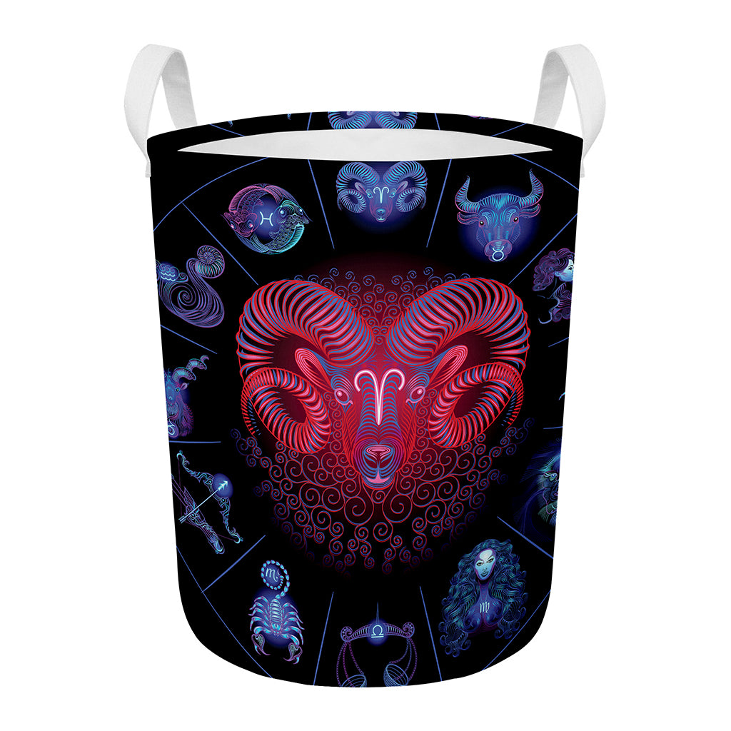 Aries And Astrological Signs Print Round Laundry Basket