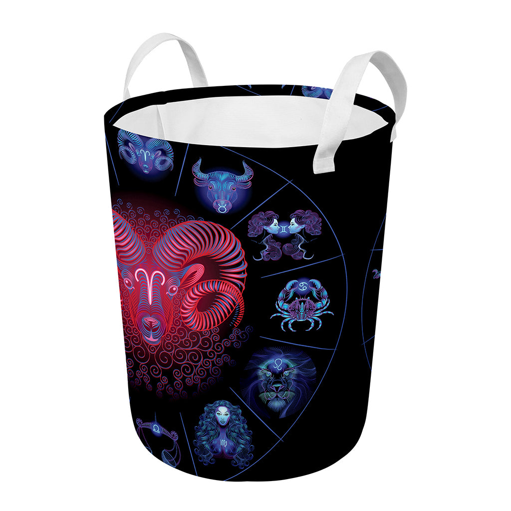 Aries And Astrological Signs Print Round Laundry Basket