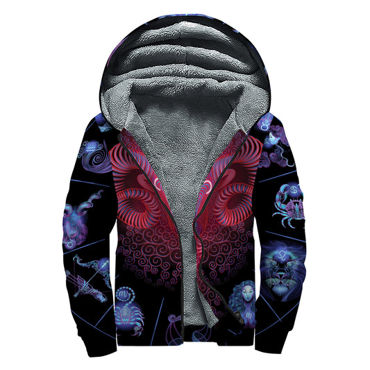 Aries And Astrological Signs Print Sherpa Lined Zip Up Hoodie