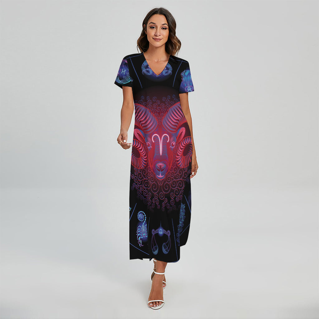 Aries And Astrological Signs Print Short Sleeve Maxi Dress