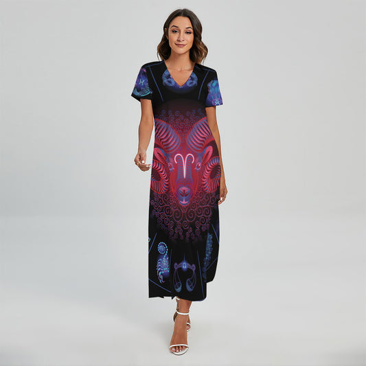 Aries And Astrological Signs Print Short Sleeve Maxi Dress