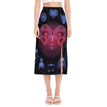 Aries And Astrological Signs Print Side Slit Midi Skirt