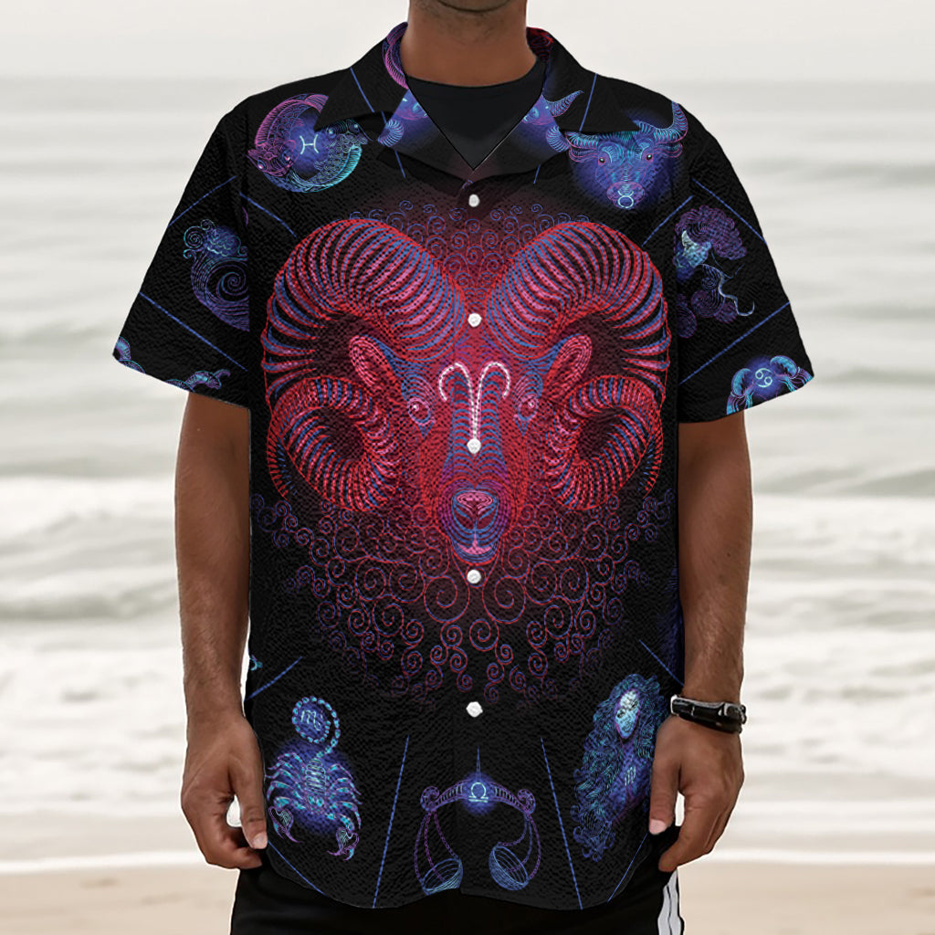 Aries And Astrological Signs Print Textured Short Sleeve Shirt