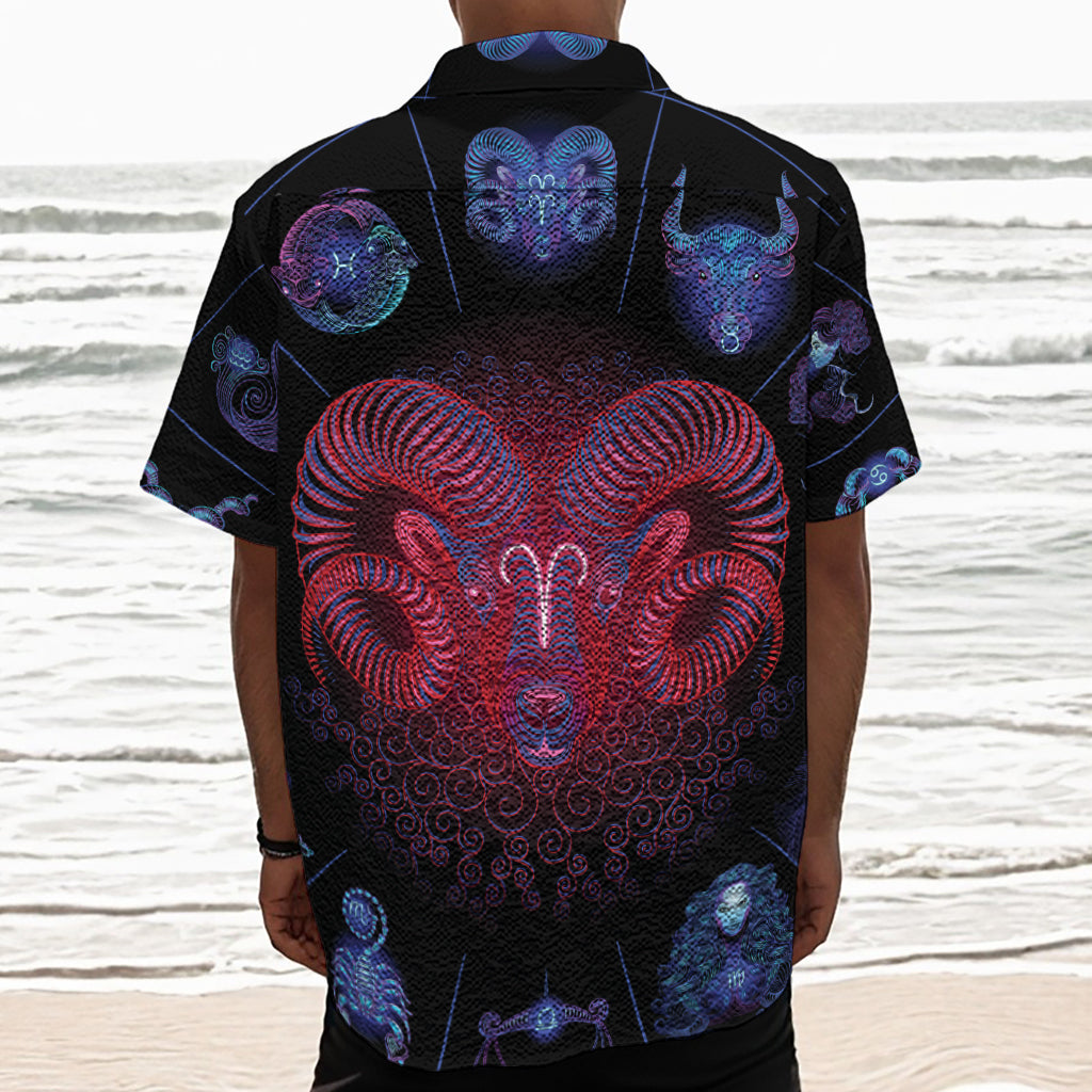 Aries And Astrological Signs Print Textured Short Sleeve Shirt