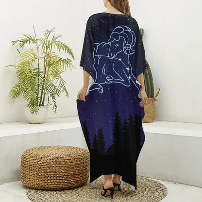 Aries Constellation Print Silk V-Neck Kaftan Dress