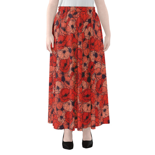 Armistice Day Poppy Pattern Print Chiffon Maxi Skirt