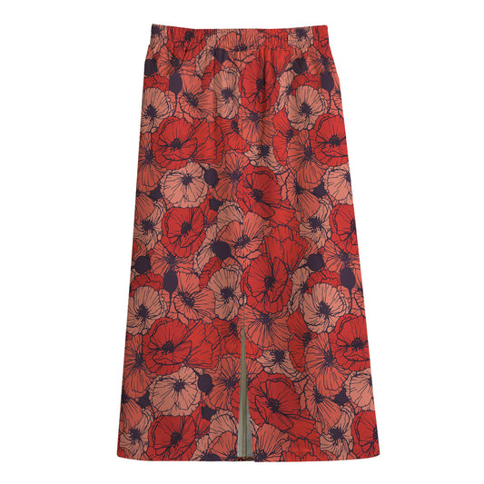 Armistice Day Poppy Pattern Print Cotton Front Slit Maxi Skirt