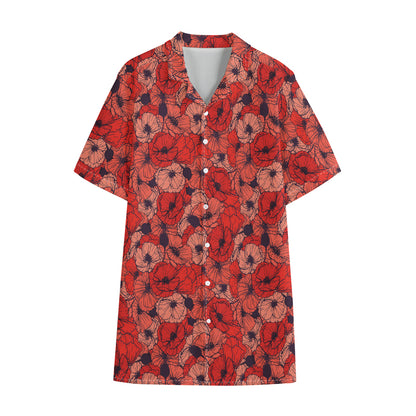 Armistice Day Poppy Pattern Print Cotton Hawaiian Shirt