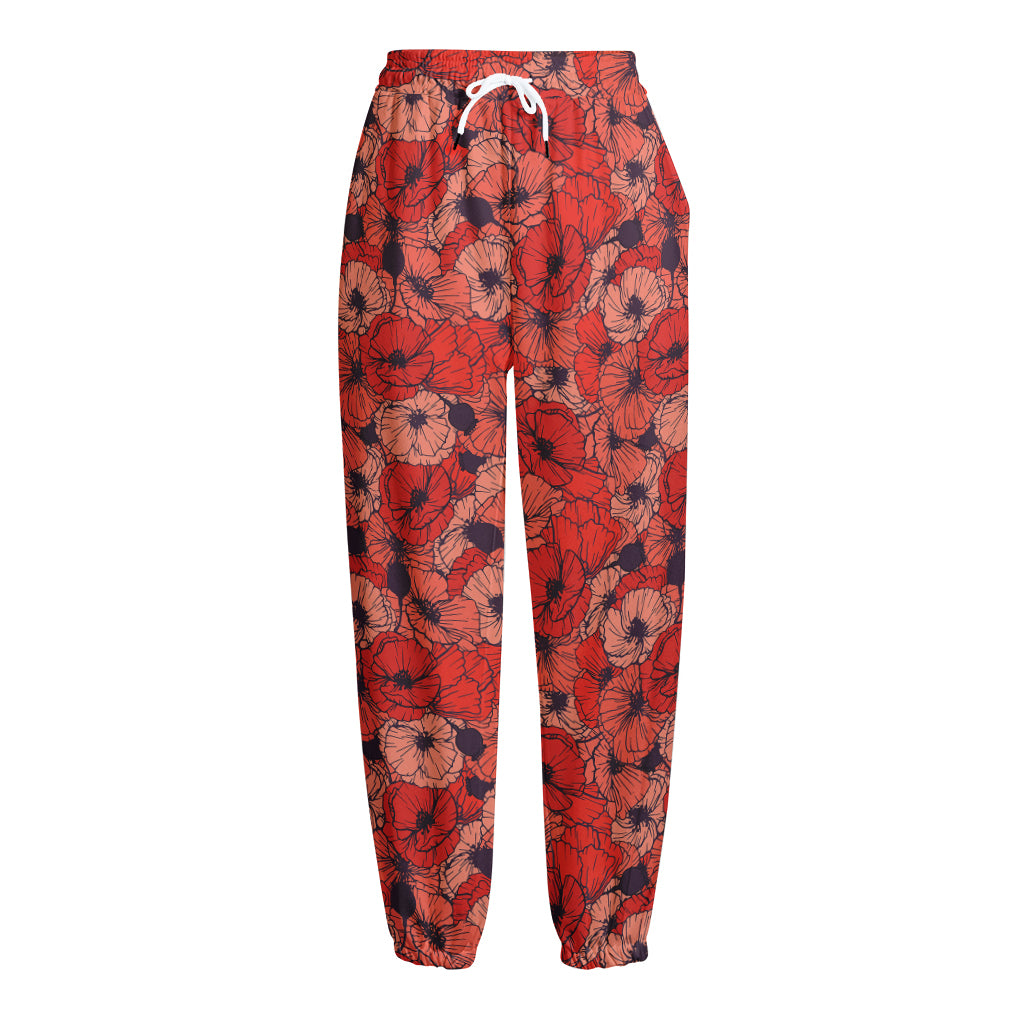 Armistice Day Poppy Pattern Print Fleece Lined Knit Pants