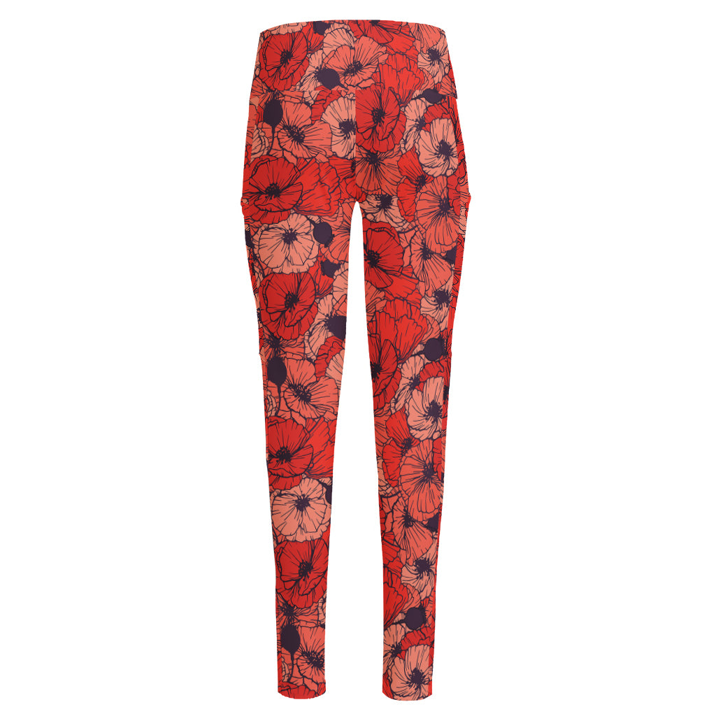 Armistice Day Poppy Pattern Print High-Waisted Pocket Leggings