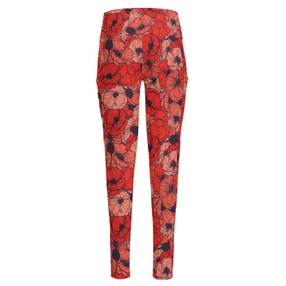 Armistice Day Poppy Pattern Print High-Waisted Pocket Leggings