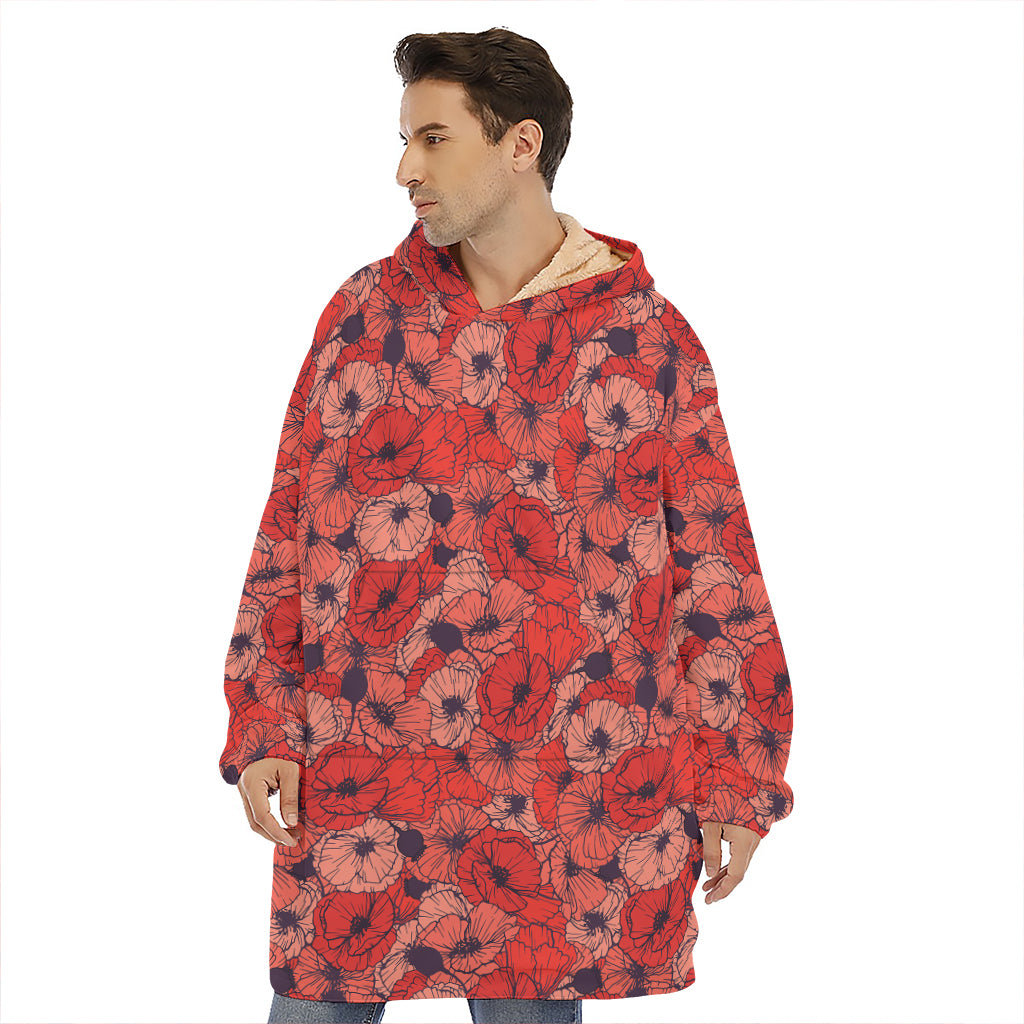 Armistice Day Poppy Pattern Print Hoodie Blanket