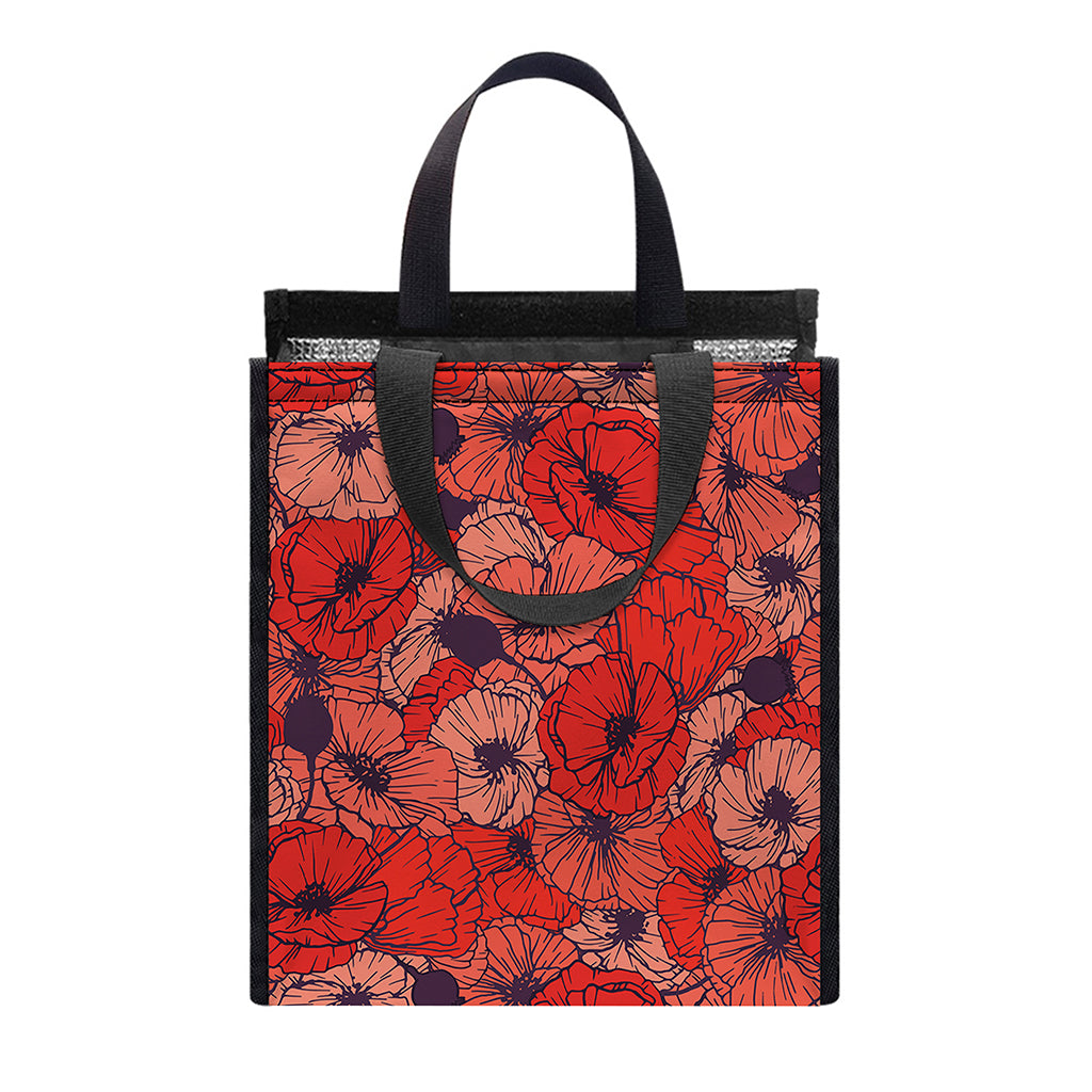 Armistice Day Poppy Pattern Print Insulated Lunch Tote
