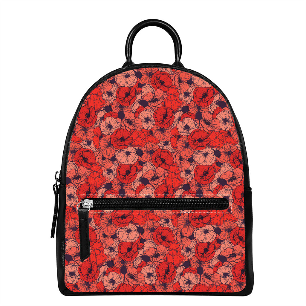Armistice Day Poppy Pattern Print Leather Backpack