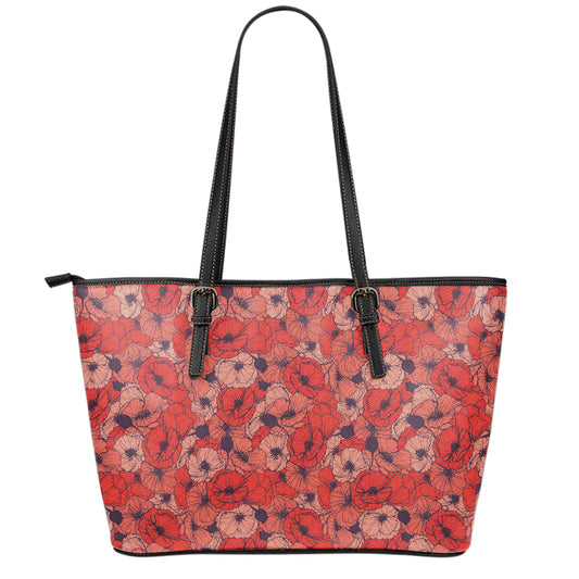 Armistice Day Poppy Pattern Print Leather Tote Bag