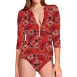 Armistice Day Poppy Pattern Print Long Sleeve Swimsuit