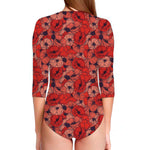 Armistice Day Poppy Pattern Print Long Sleeve Swimsuit