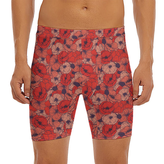 Armistice Day Poppy Pattern Print Men's Long Boxer Briefs