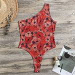 Armistice Day Poppy Pattern Print One Shoulder Bodysuit
