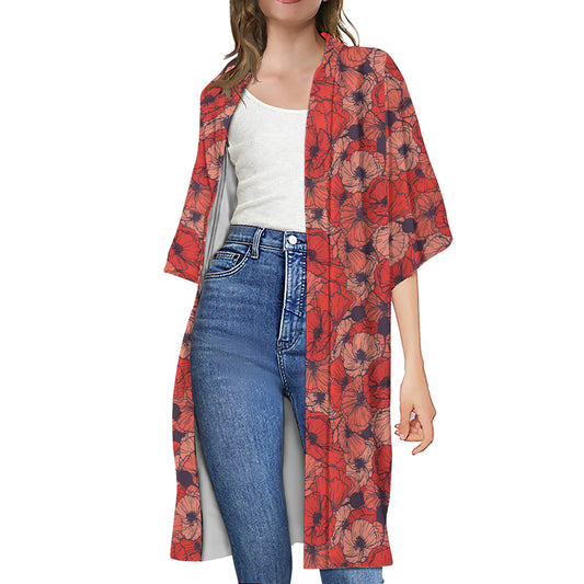 Armistice Day Poppy Pattern Print Open Front Beach Cover Up