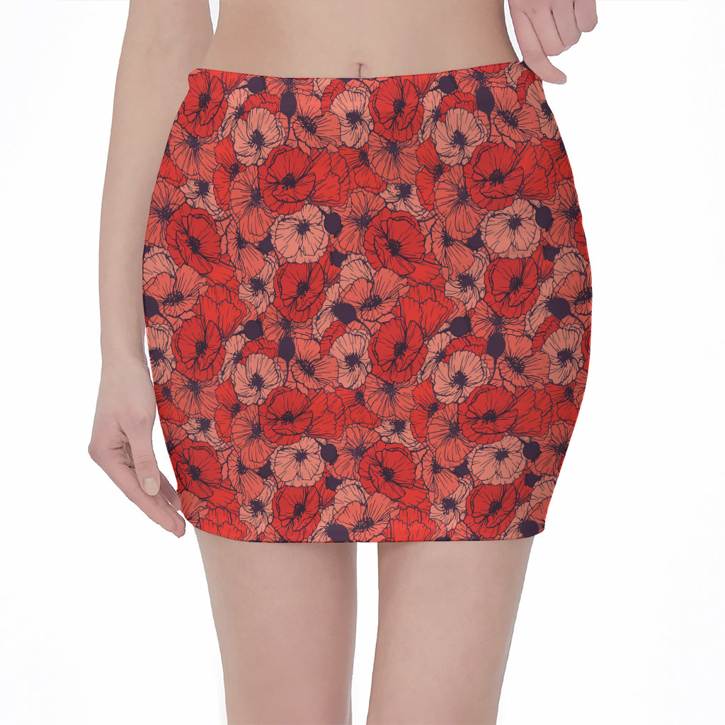 Armistice Day Poppy Pattern Print Pencil Mini Skirt