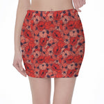 Armistice Day Poppy Pattern Print Pencil Mini Skirt