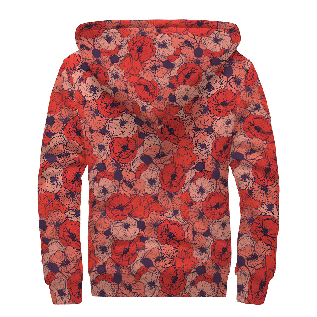 Armistice Day Poppy Pattern Print Sherpa Lined Zip Up Hoodie