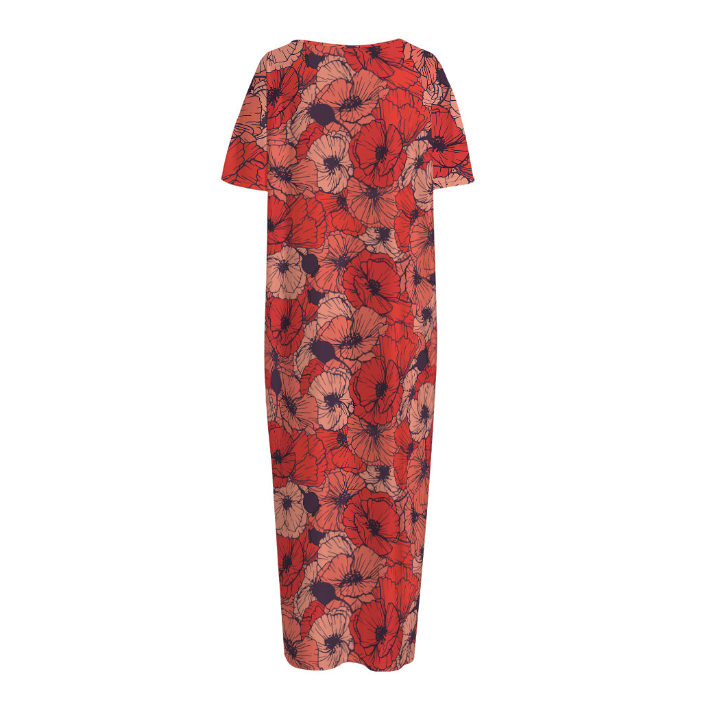 Armistice Day Poppy Pattern Print Short Sleeve Long Nightdress