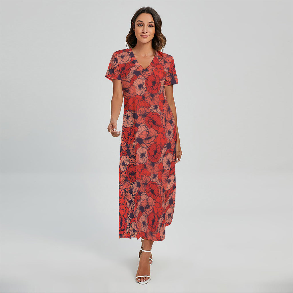 Armistice Day Poppy Pattern Print Short Sleeve Maxi Dress