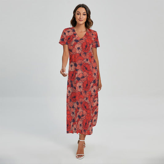 Armistice Day Poppy Pattern Print Short Sleeve Maxi Dress