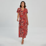 Armistice Day Poppy Pattern Print Short Sleeve Maxi Dress