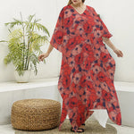 Armistice Day Poppy Pattern Print Silk V-Neck Kaftan Dress