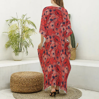 Armistice Day Poppy Pattern Print Silk V-Neck Kaftan Dress