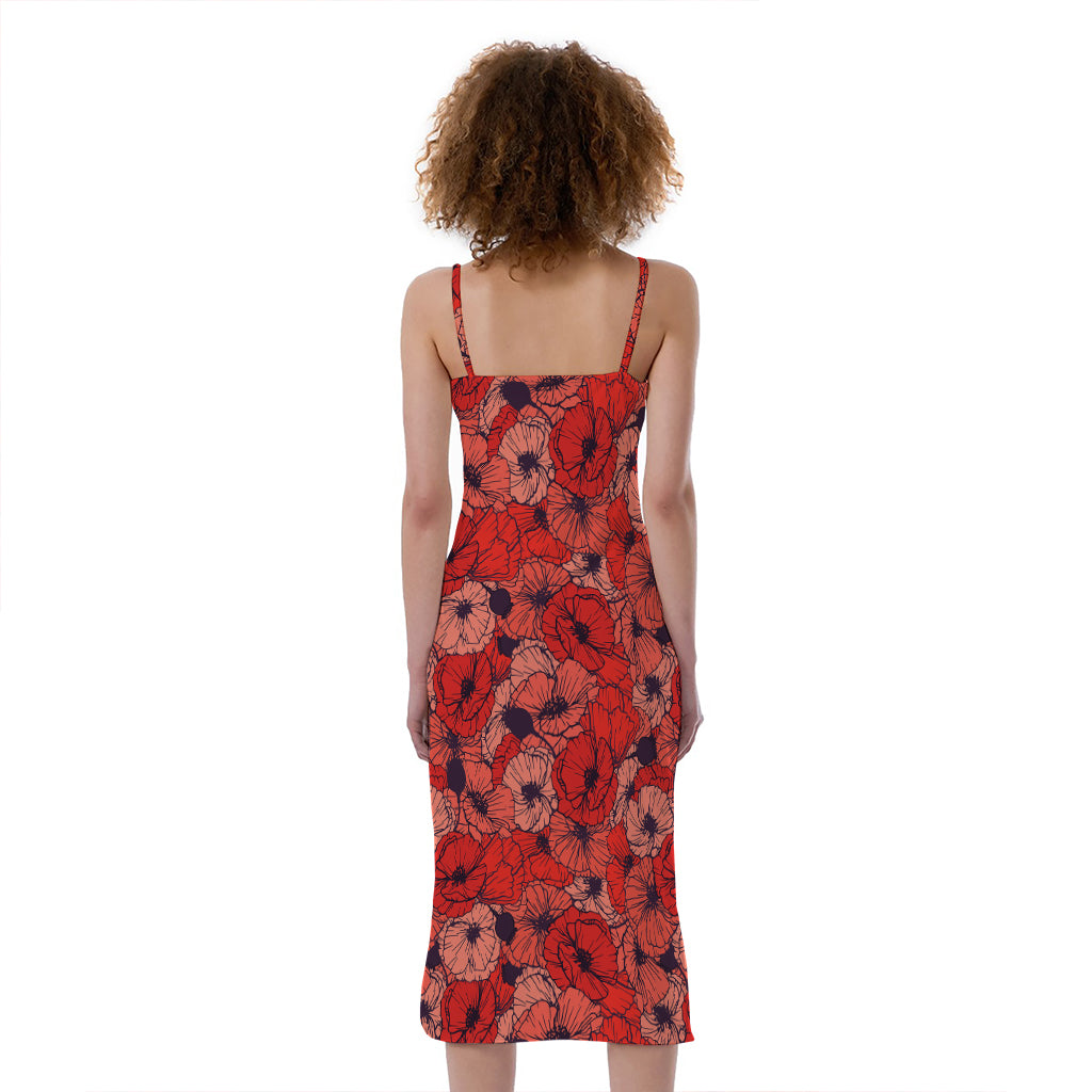 Armistice Day Poppy Pattern Print Slim Fit Midi Cami Dress