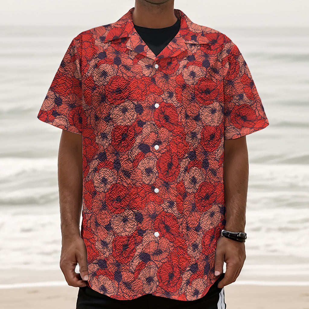 Armistice Day Poppy Pattern Print Textured Short Sleeve Shirt