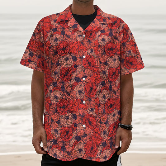 Armistice Day Poppy Pattern Print Textured Short Sleeve Shirt