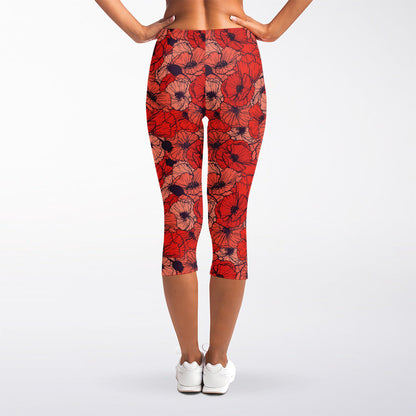 Armistice Day Poppy Pattern Print Women's Capri Leggings