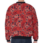 Armistice Day Poppy Pattern Print Zip Sleeve Bomber Jacket