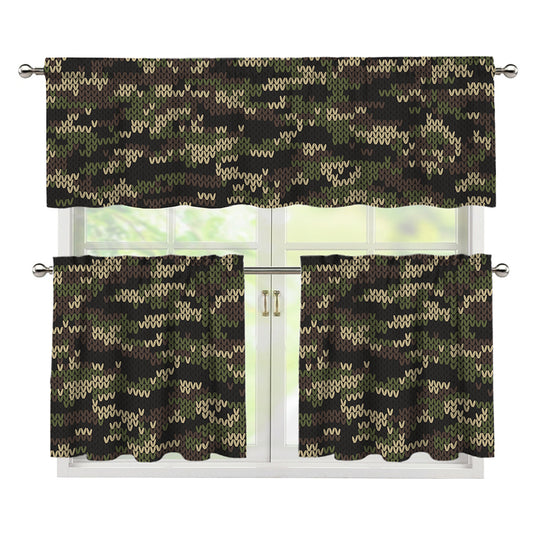 Army Camouflage Knitted Pattern Print 3 Piece Kitchen Curtains
