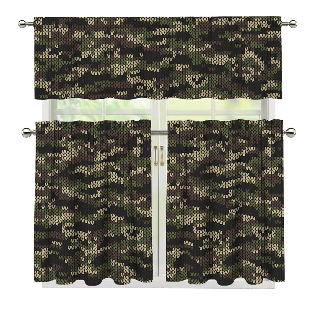Army Camouflage Knitted Pattern Print 3 Piece Kitchen Curtains