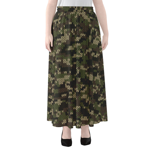 Army Camouflage Knitted Pattern Print Chiffon Maxi Skirt